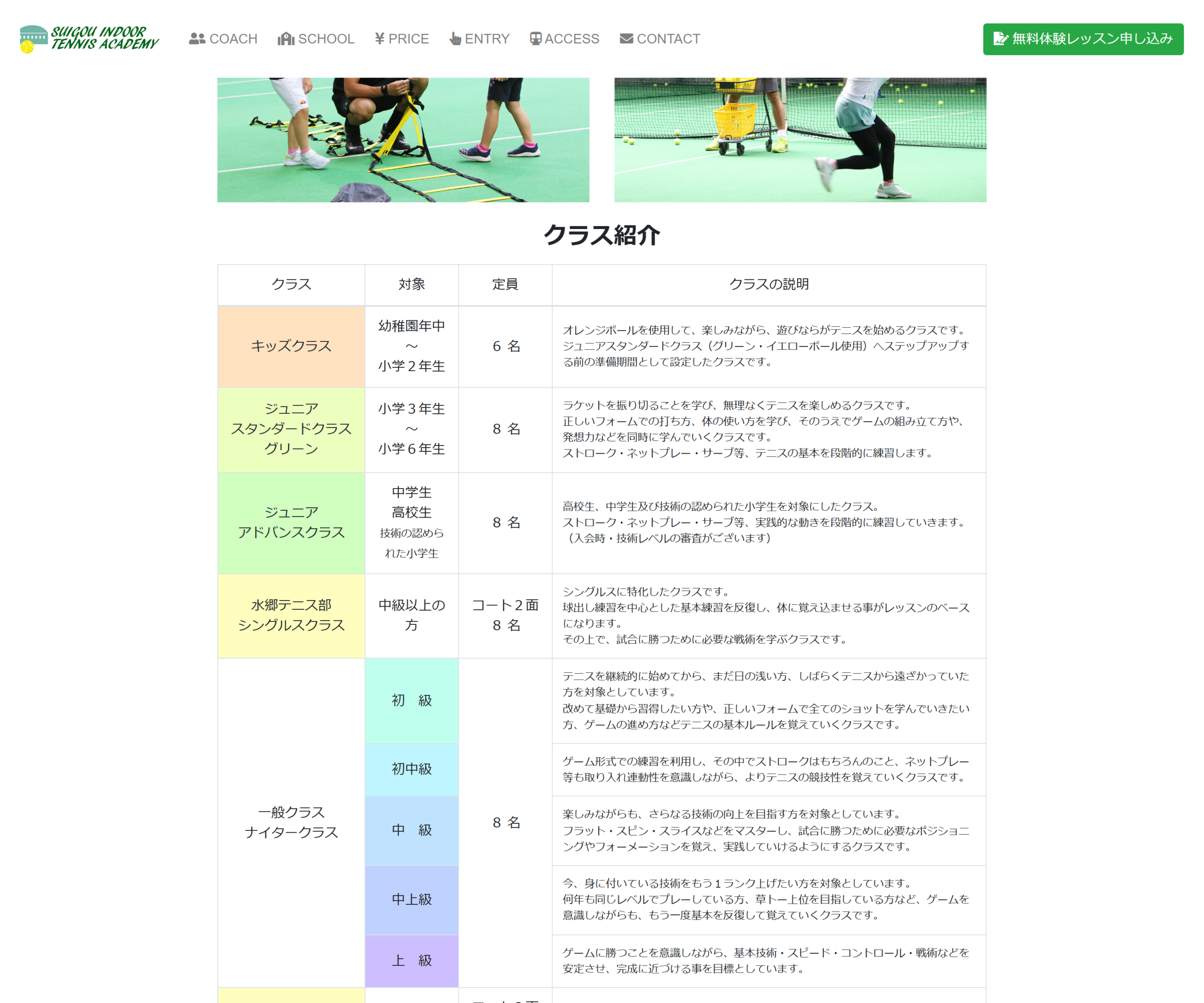 水郷インドアテニスアカデミー公式サイトのスクリーンショット